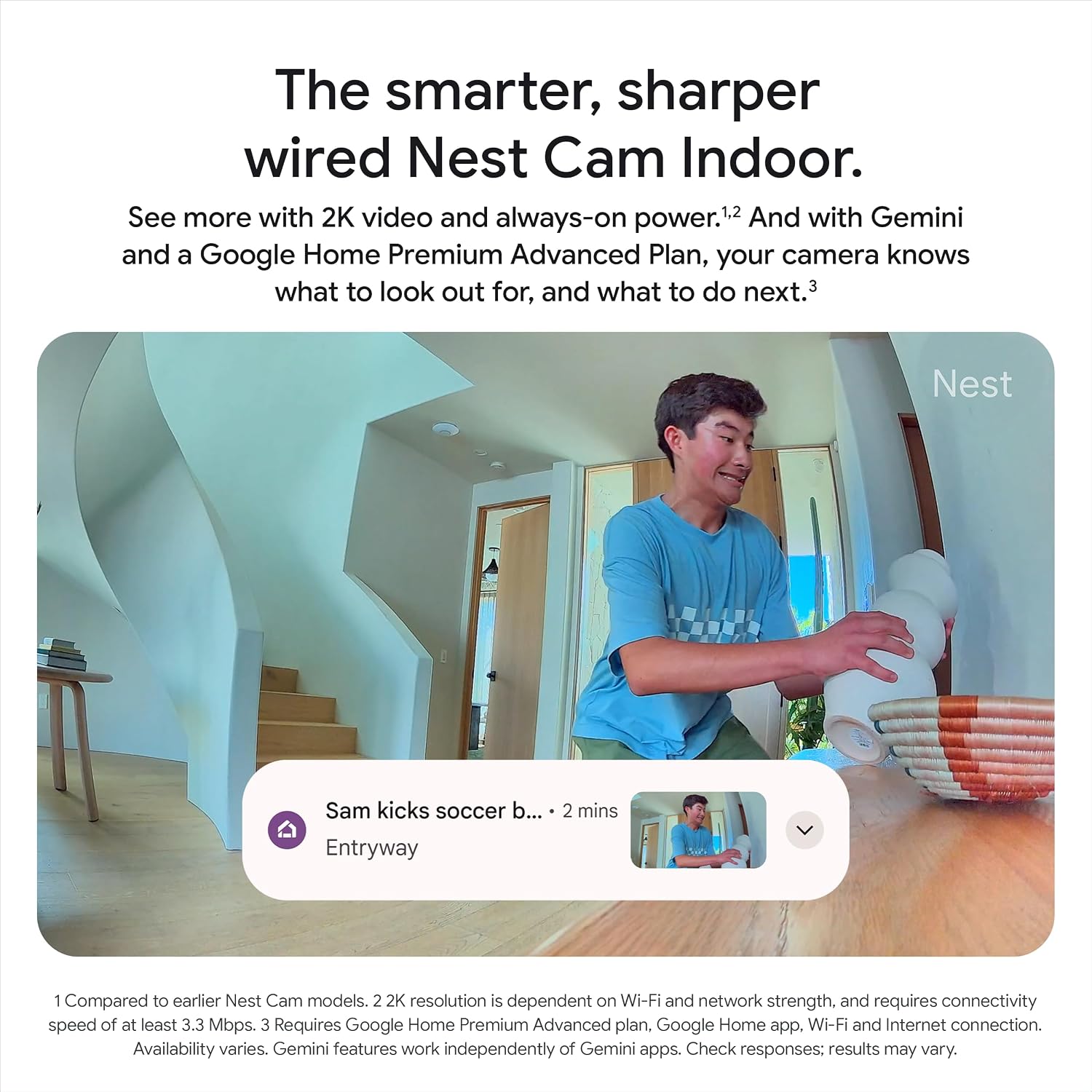 Google Nest Cam Indoor (Wired, 3rd gen) - 2K Video and Gemini