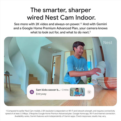 Google Nest Cam Indoor (Wired, 3rd gen) - 2K Video and Gemini