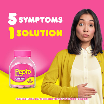 Pepto Bismol Chews, Upset Stomach, Nausea, Heartburn, Indigestion Relief, Anti Diarrhea Medication for Adults - 5 Symptom Fast Relief, 72 Chewable Tablets 24 Count (Pack of 12)