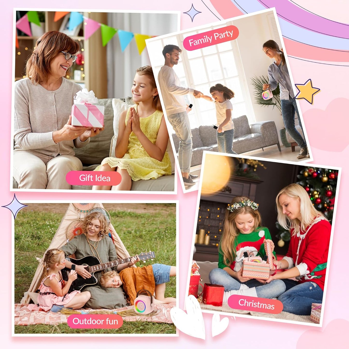Mini Karaoke Machine for Kids Adults, Portable Bluetooth Speaker with 2 Wireless Microphone, Birthday Gifts for Girls Boys Ages 4, 5, 6, 7, 8, 9, 10, 12+ Years Old (Pinkcolor)