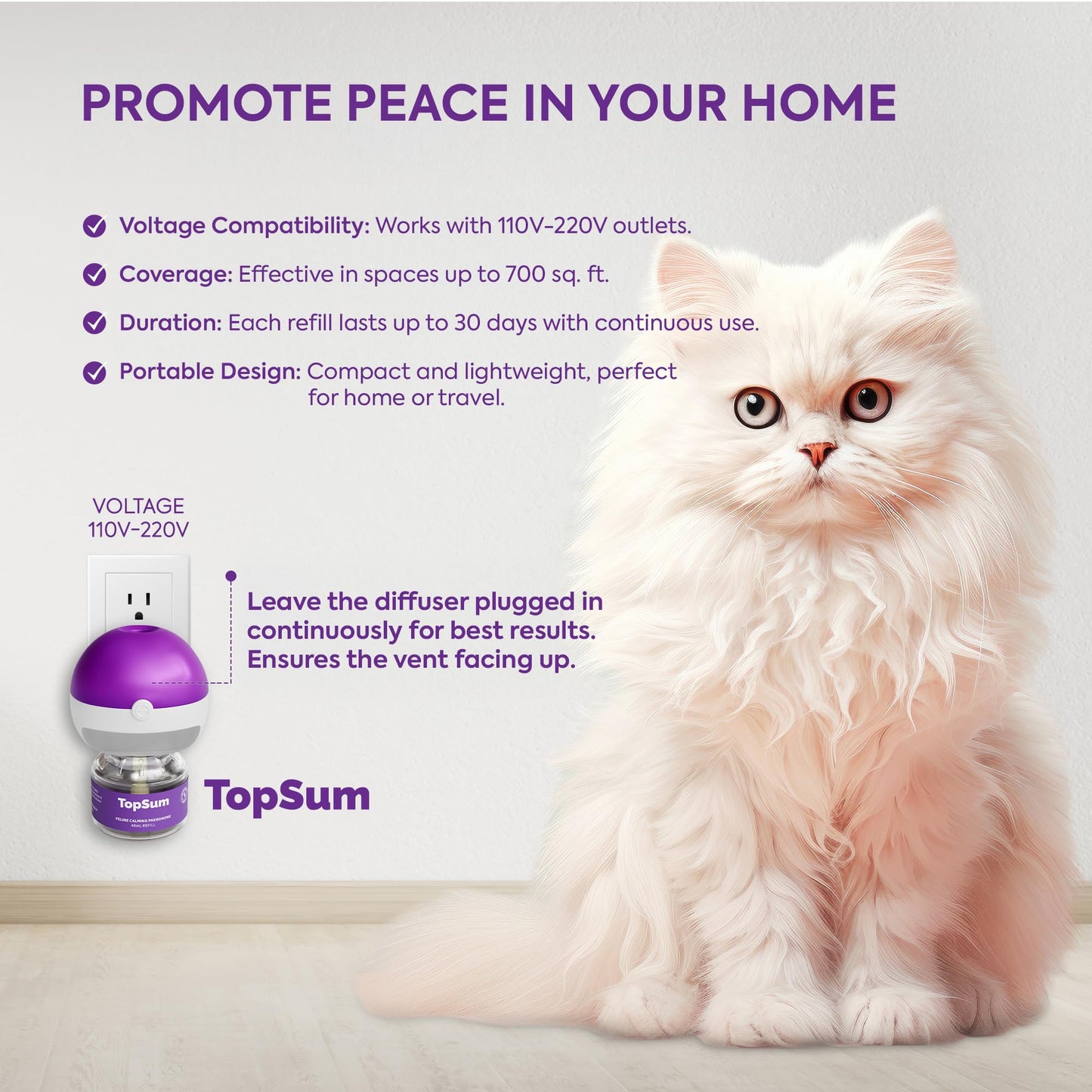 TopSum Cat Calming Pheromone Diffuser: Feline Pheromones Plug in for Stress, Alone At Home, Spraying, Fighting, Scratching, Aggression & Excessive Meowing (Purple– 6 Refills)