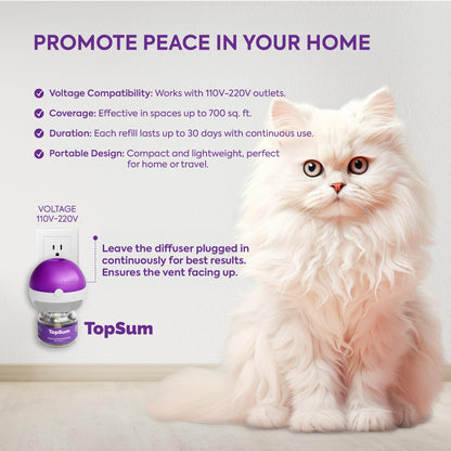 TopSum Cat Calming Pheromone Diffuser: Feline Pheromones Plug in for Stress, Alone At Home, Spraying, Fighting, Scratching, Aggression & Excessive Meowing (Purple– 6 Refills)