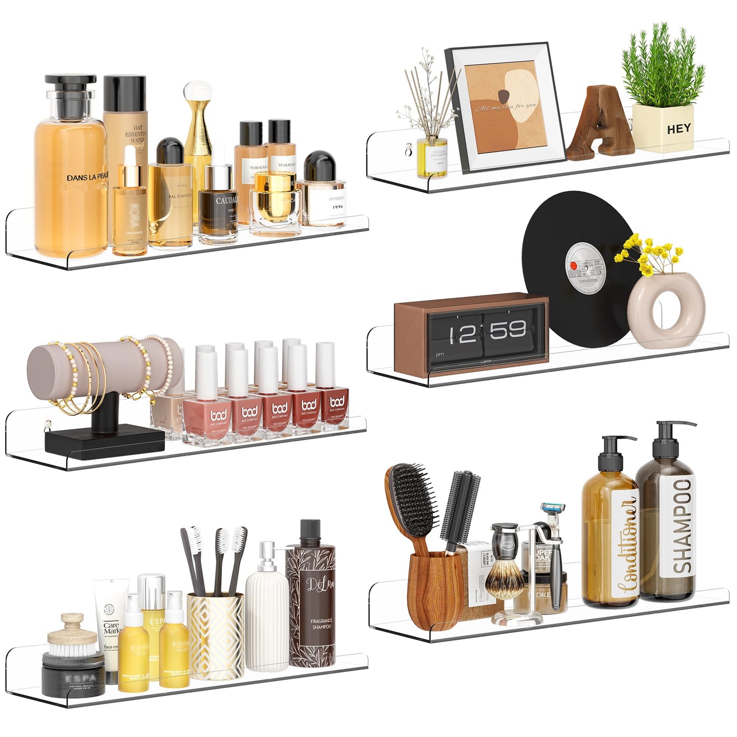 Qukaka Floating Shelves for Wall Decor, 15" Extra Clear Wall Shelves for Bedroom, Living Room, Kitchen, Bathroom Decor, Nail Polish/Book/Decoration/Makeup/Perfume Organizer Floating Shelf-3Pack