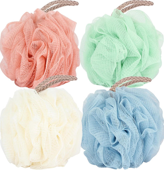 Fu Store Bath Sponges 60g Shower Loofahs Large Mesh Balls Sponge 4 Colors for Body Wash Bathroom Men Women - Pack of 4 Scrubber Cleaning Loofah Bathing Accessories (Solid Color 60g)