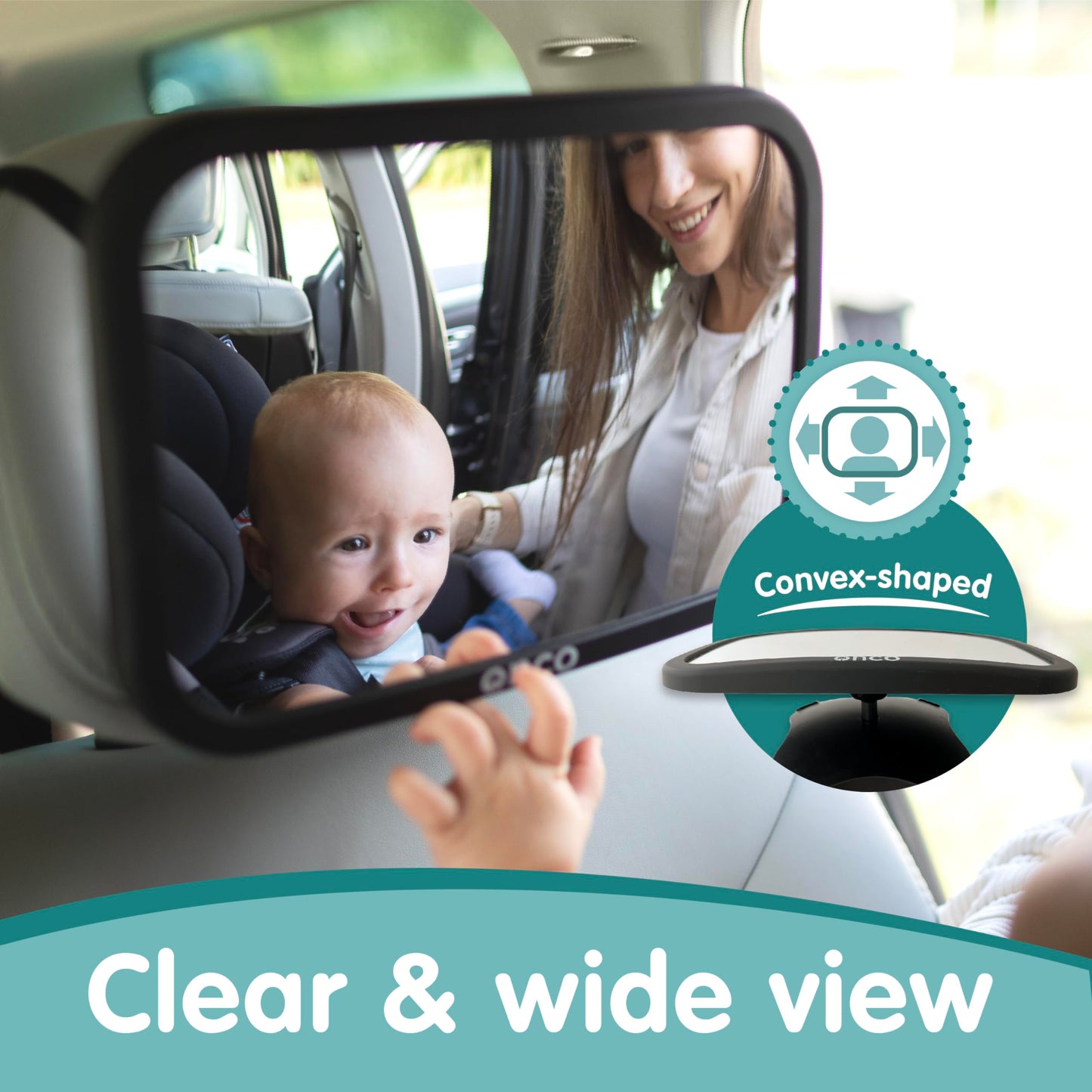 Onco Baby-Autospiegel für nach hinten gerichtete Kindersitze (2 Stück) – 100 % bruchsicher & rüttelfest, preisgekrönter konvexer Autospiegel für Babys mit 360°-Drehung, Neugeborenen-Essentials (24,4 x 17,5 cm)