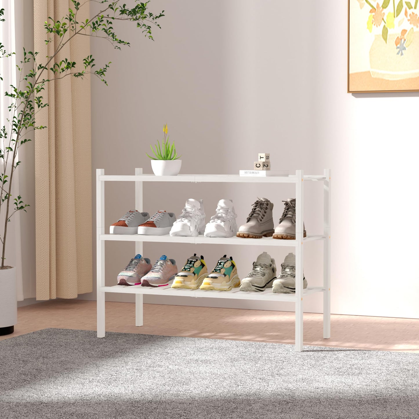 ROMGUAR CRAFT 3 Tier Bamboo Shoe Rack for Closet Free Standing Wood Shoe Shelf Storage Organizer for Entryway Small Space Stackable 27"x11"x20" (Natural)