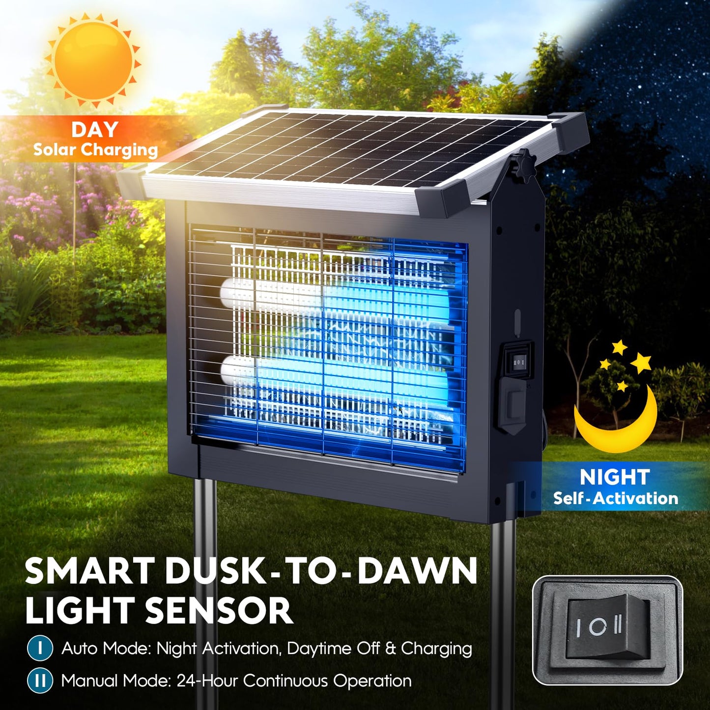 Solar Bug Zapper Outdoor, Waterproof Mosquito Zapper Outdoor Solar Powered, 4500V Electric Bug Zapper Indoor w/Smart Light Sensor, Mosquito Trap Fly Zapper for Patio Kitchen Garage Yard Camping