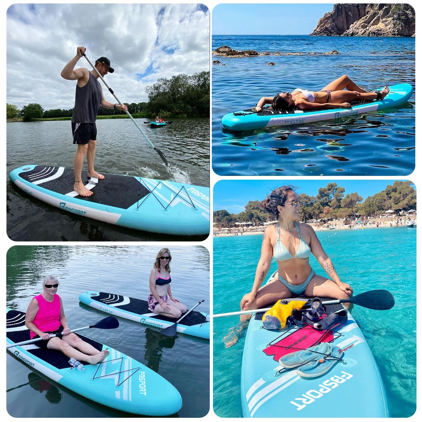 FBSPORT 11' Premium Stand Up Paddle Board, Yoga Board with SUP Accessories & Carry Bag | Wide Stance, Surf Control, Non-Slip Deck, Leash, Paddle and Pump for Youth & Adult