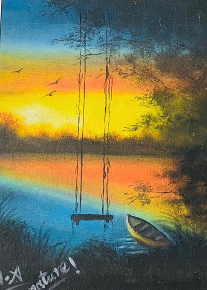 100 % Original Handgemaltes Sonnenuntergang See Ölgemälde auf Leinwand – Schaukel & Boot Landschaft Wandkunst – Handgemalte Wohndekoration für Wohn- & Schlafzimmer – 27×34 cm | Elitora Mart