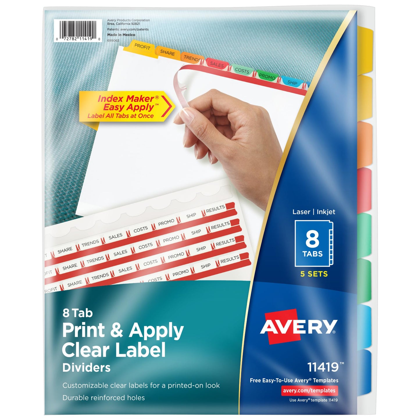 Avery 8 Tab Dividers for 3 Ring Binder, Easy Print & Apply Clear Label Strip, Index Maker Customizable Multicolor Tabs, 25 Sets (11424)