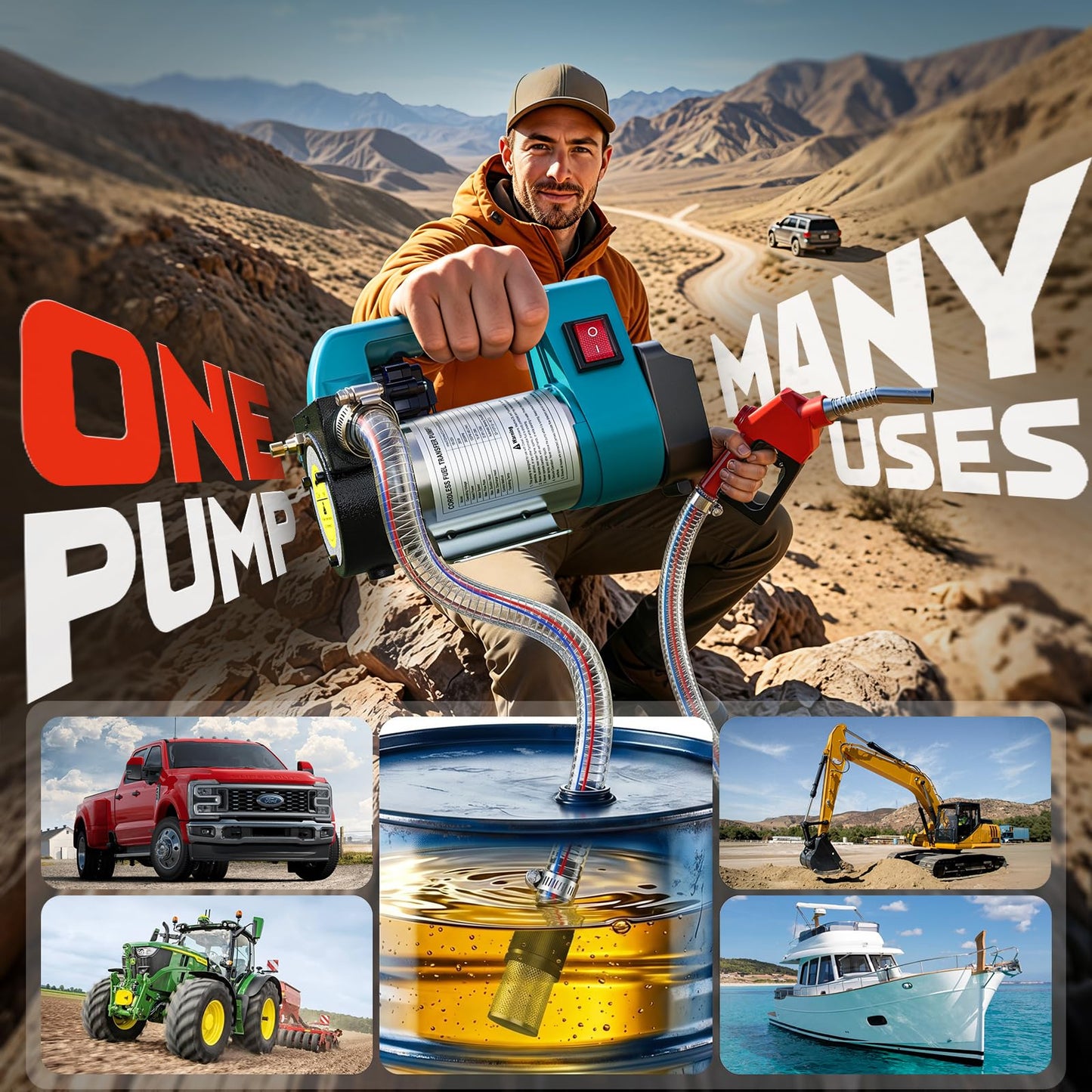 DIYtoolifz 5 GPM Cordless Fuel Transfer Pump Compatible with DeWalt 20V & Milwaukee 18V Batteries, Portable Gas Can Pump with 51" Hose, 5 Adapters, Gas Pump for Diesel, Gasoline (Bare Tool)