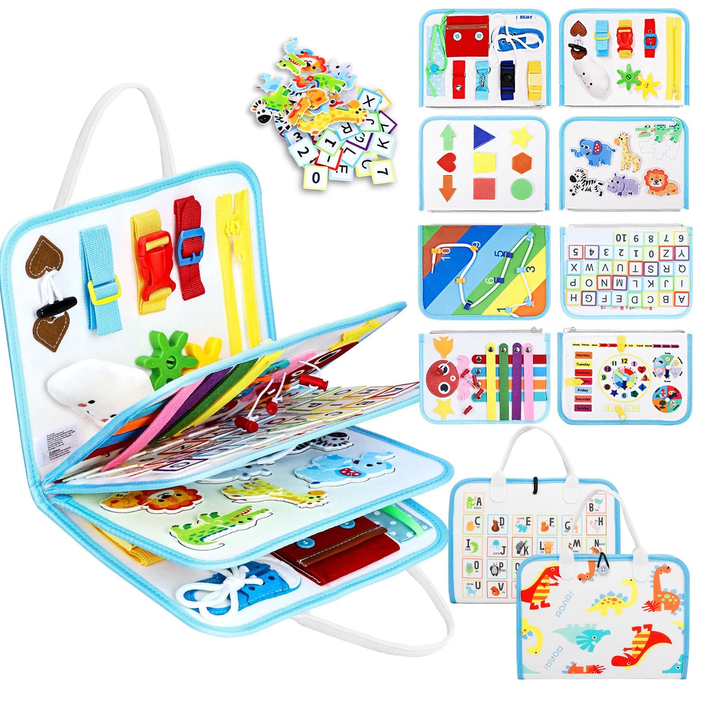 Esjay Toddler Busy Board Montessori Toys for Boys, Sensory Book Educational Activities for Learning Fine Motor Skills, Birthday Gifts for Boys Toddlers, Travel Toys for Airplane Car, Blue Dinosaur