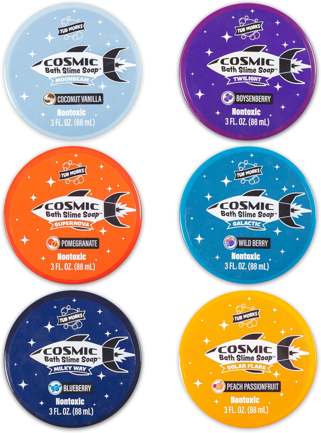 Tub Works™ Cosmic Bath Slime™ Kinderseife Badespielzeug, 6er-Pack | Dehnbare, matschige Schleimseife für Kinderbad | Frische,, fruchtige Düfte | Ungiftig | Sensorisches Spielzeug für Kinder & Kleinkinder