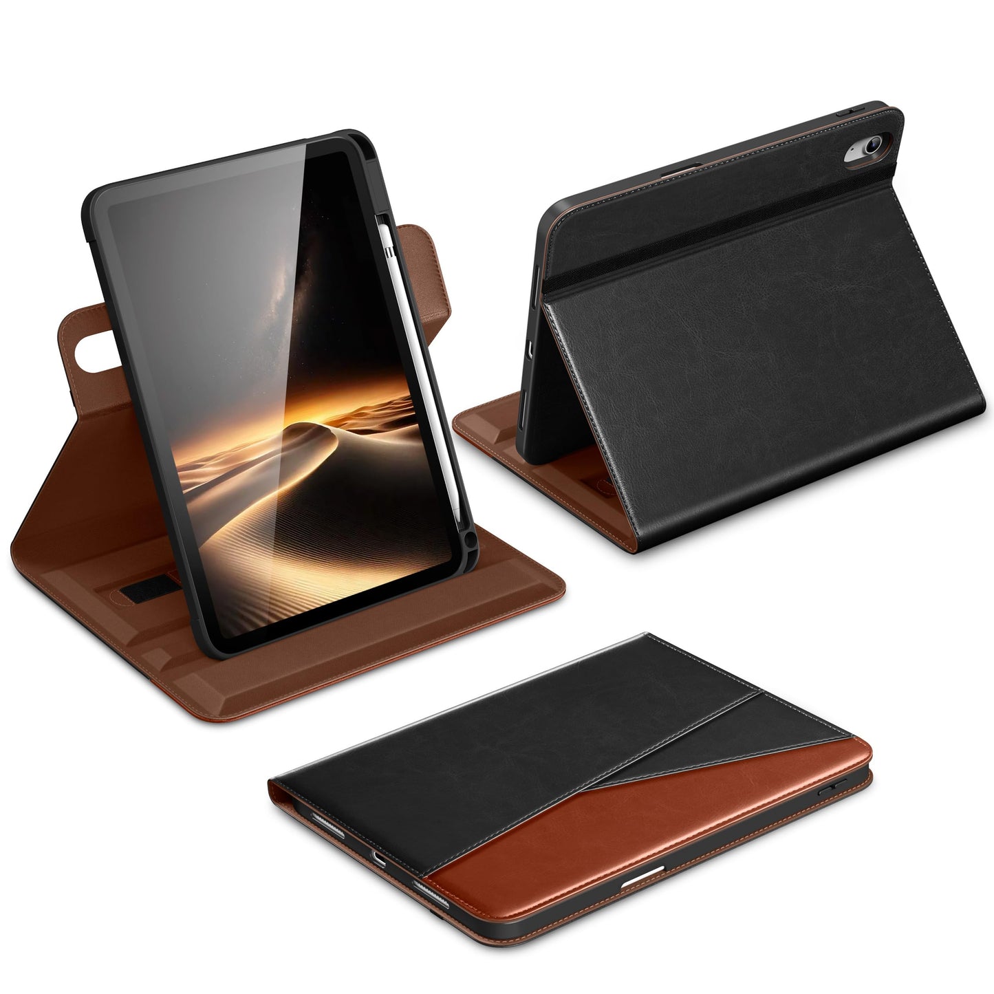 DTTO for iPad A16 Case, iPad 11th / 10th Generation Case (2025/2022), 360 Degree Rotating Premium Leather Folio Stand Cover with Pencil Holder, Brown