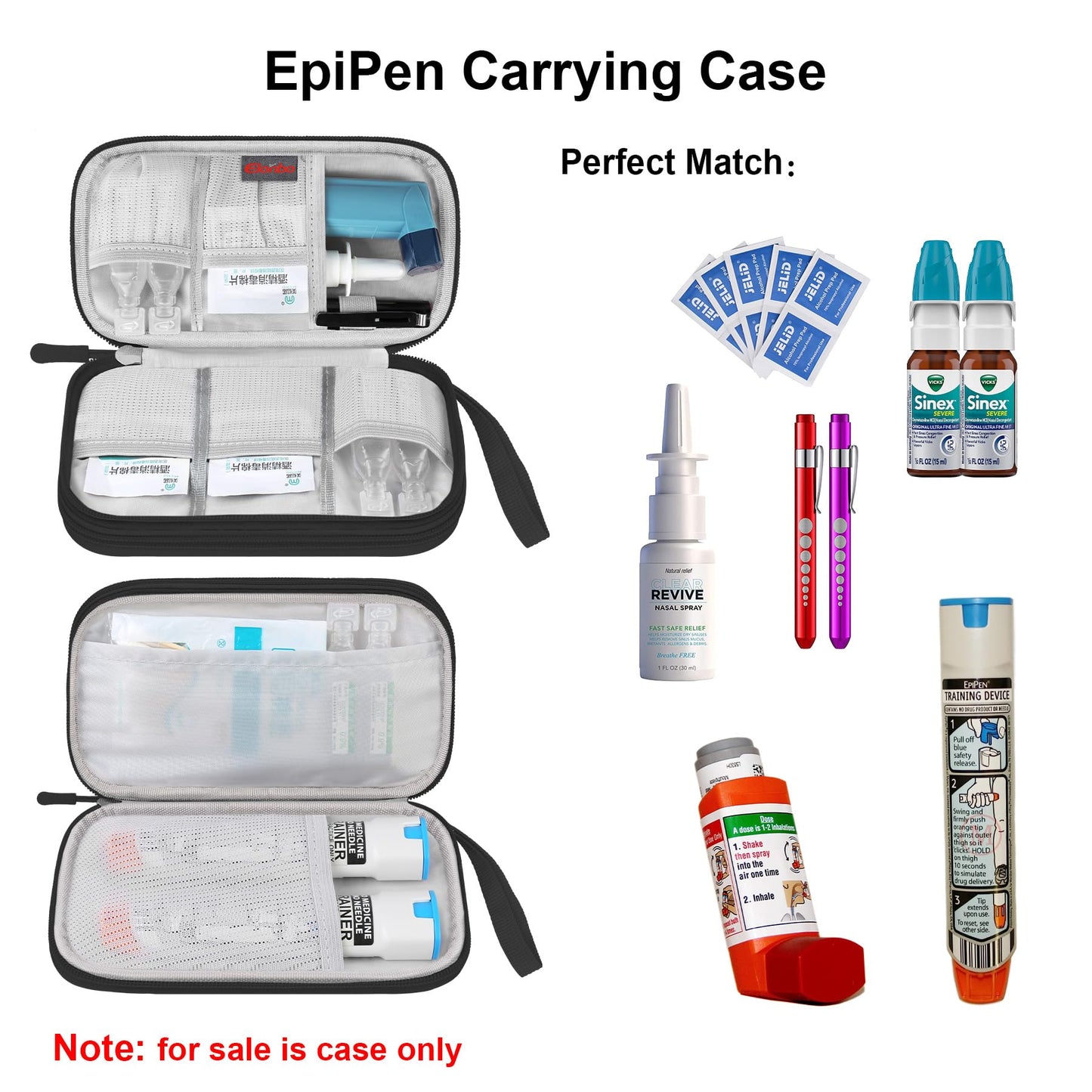 Elonbo Kit Bag, EpiPen Carrying Case, Travel Medicine Kit for 2 Epi Pens or Auvi Q, Asthma Inhaler, Nasal Spray, Allergy Meds, Diabetic Supplies, Ventolin Inhaler Organize Holder Case, Black
