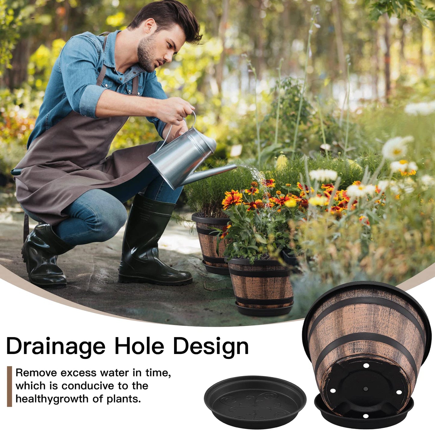 Quarut Plant Pots Set of 4 Pack 12 inch,Large Whiskey Barrel Planters with Drainage Holes & Saucer.Plastic Flower Pots Imitation Wine Barrel Design, for Indoor & Outdoor Garden Home Plants (Brown)