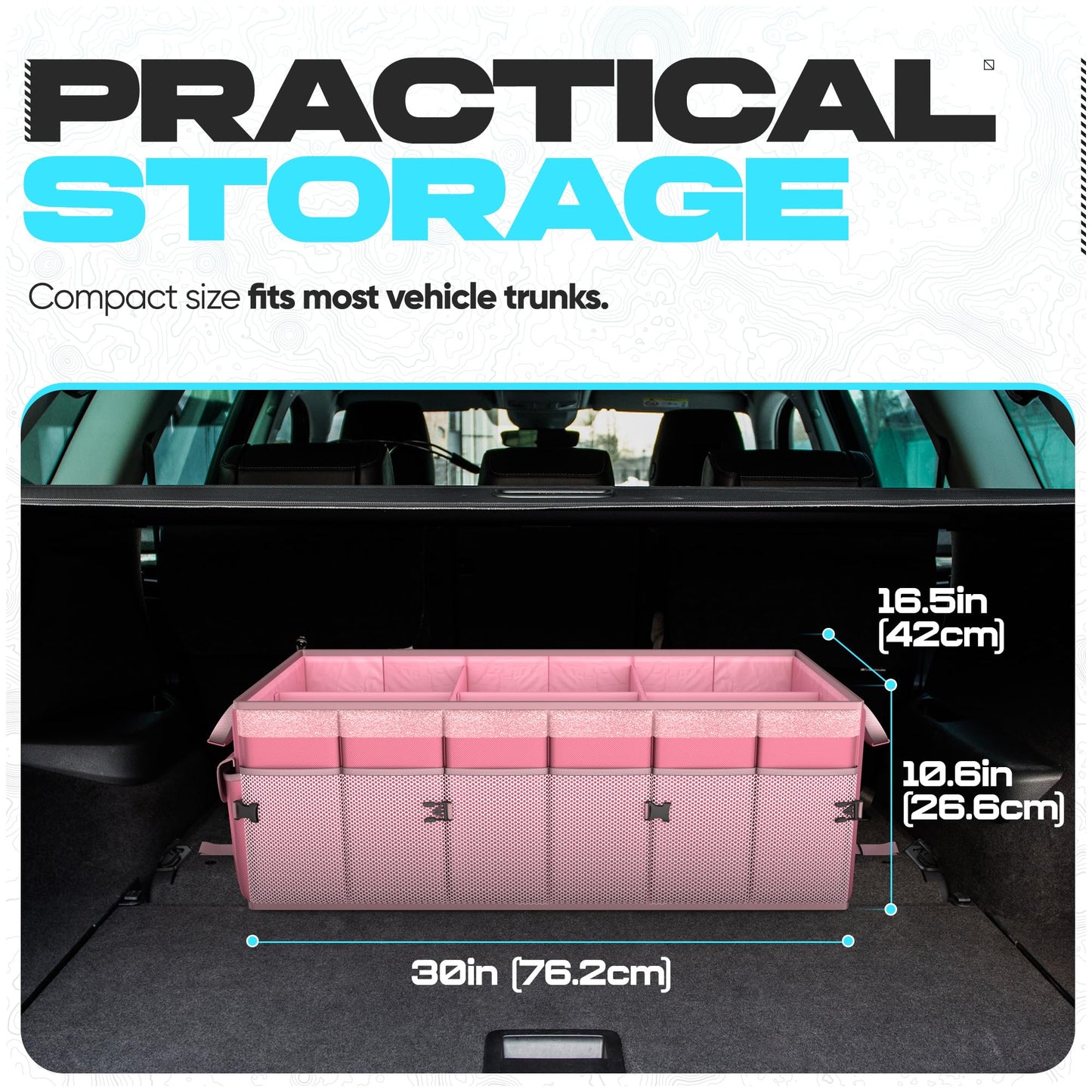 FORTEM Car Trunk Organizer, Collapsible Multi Compartment Car Organizer, Foldable SUV Storage for Car Accessories for Women Men, Non Slip Bottom, Securing Straps, Soft Cover 50L (Black, Standard)