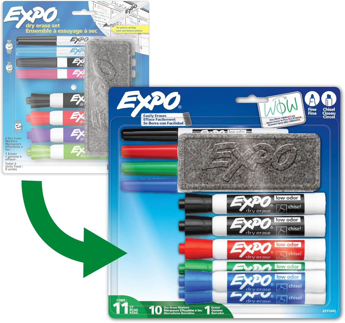 EXPO Whiteboard-Marker-Set, Keilspitze, verschiedene Farben, Radiergummi, Sprühreiniger, 6 Stück
