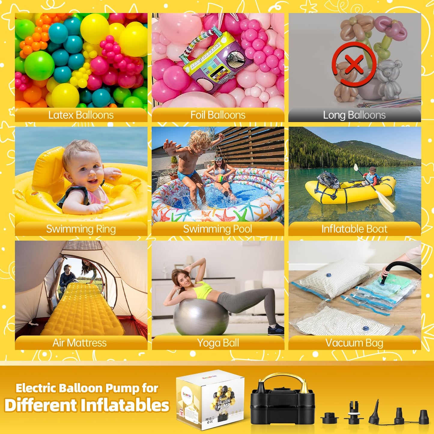 Bomba de globos eléctrica Bezente, inflador de globos portátil, bomba de aire eléctrica para globos, bomba de globos eléctrica de doble boquilla para decoraciones de fiestas de cumpleaños, bodas y graduaciones