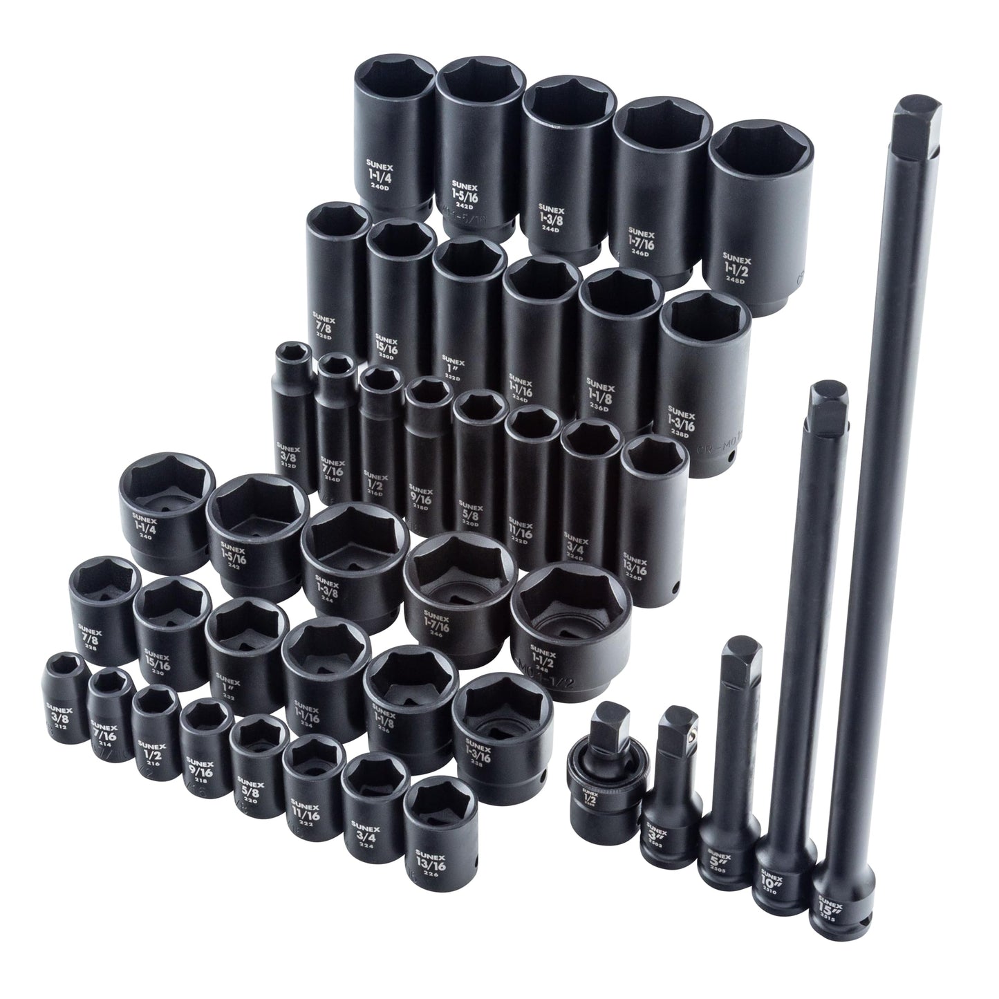 SUNEX Tools 80 Piece 3/8 in. Drive Master Impact Socket Set, Universal, Star, External Star, Extensions, Universal Joint, SAE and Metric, 8mm to 19mm and 5/16 in. to 3/4 in., CR-MO Steel, Model 3580