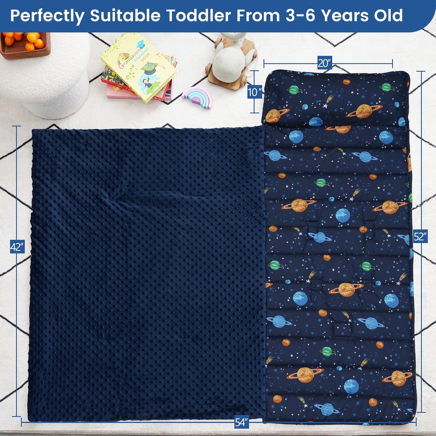 PHF Toddler Nap Mat with Removable Pillow and Minky Blanket, Rollup Design Kids Sleeping Mat, Slumber Bags for Boys, 55"x23" Toddler Sleeping Bag for Daycare Preschool Travel Camping, Space