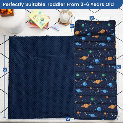 PHF Toddler Nap Mat with Removable Pillow and Minky Blanket, Rollup Design Kids Sleeping Mat, Slumber Bags for Boys, 55"x23" Toddler Sleeping Bag for Daycare Preschool Travel Camping, Space