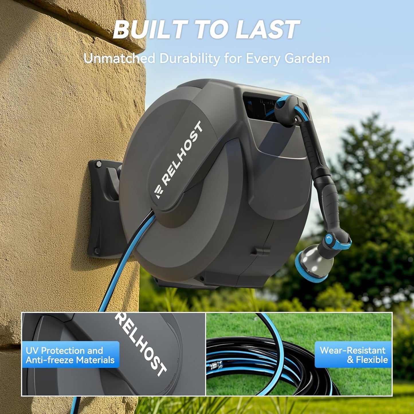 Relhost Retractable Garden Hose Reel, 1/2 in x 120 ft Wall Mount Heavy Duty Hose Reel with Any-Length Lock, Auto Rewind System, 180° Swivel Bracket, and 10-Pattern Nozzle for Garden, Dark Grey