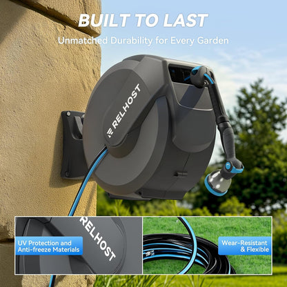 Relhost Retractable Garden Hose Reel, 1/2 in x 120 ft Wall Mount Heavy Duty Hose Reel with Any-Length Lock, Auto Rewind System, 180° Swivel Bracket, and 10-Pattern Nozzle for Garden, Dark Grey