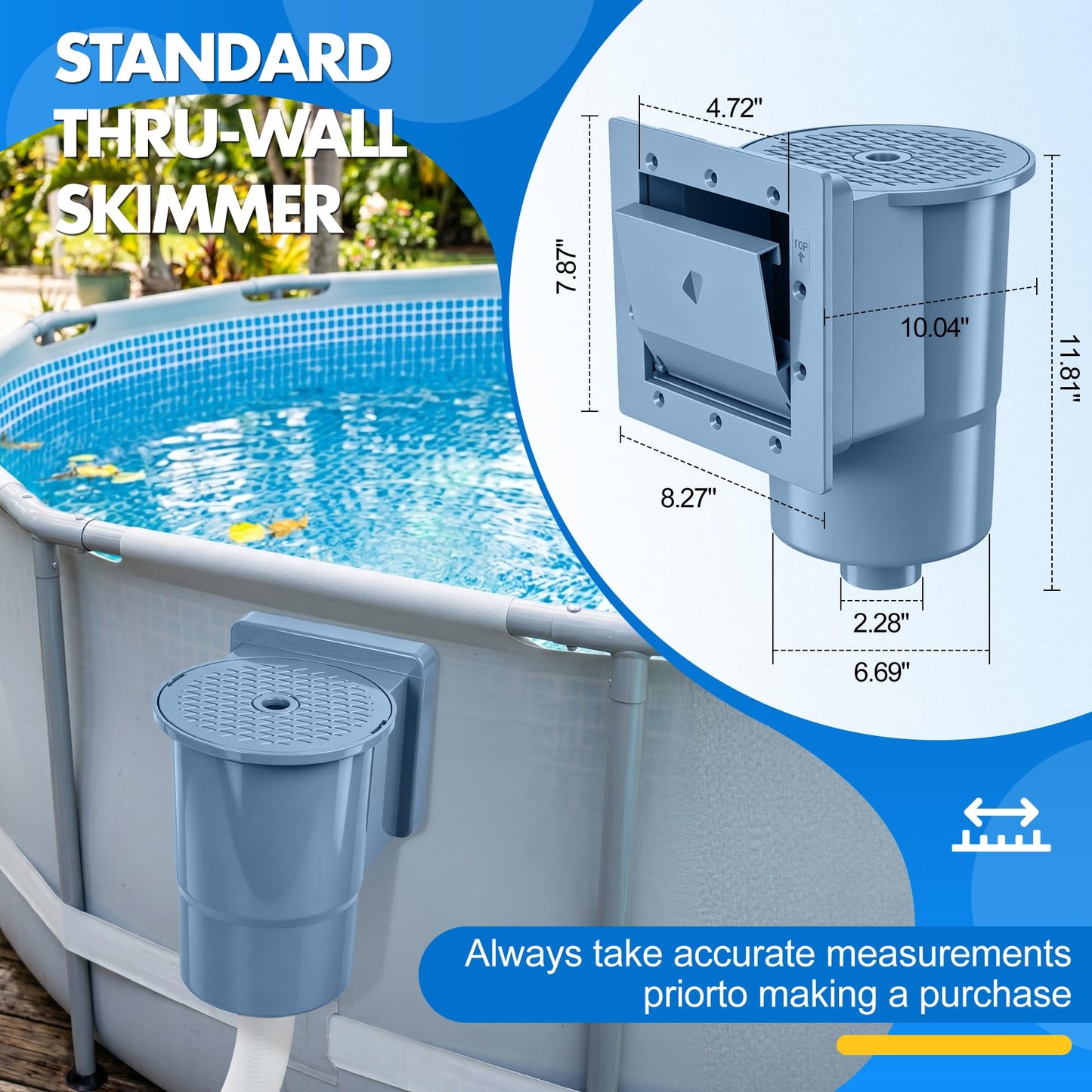 DeeprClean Upgrade Above Ground Pool Skimmer Comes with 3 Socks, Anti-tilt Wall Mount Surface Skimmer, Removable Skimmer Basket, Adjustable Height Bracket, Auto Skimming Pool Surface Leaves - Blue