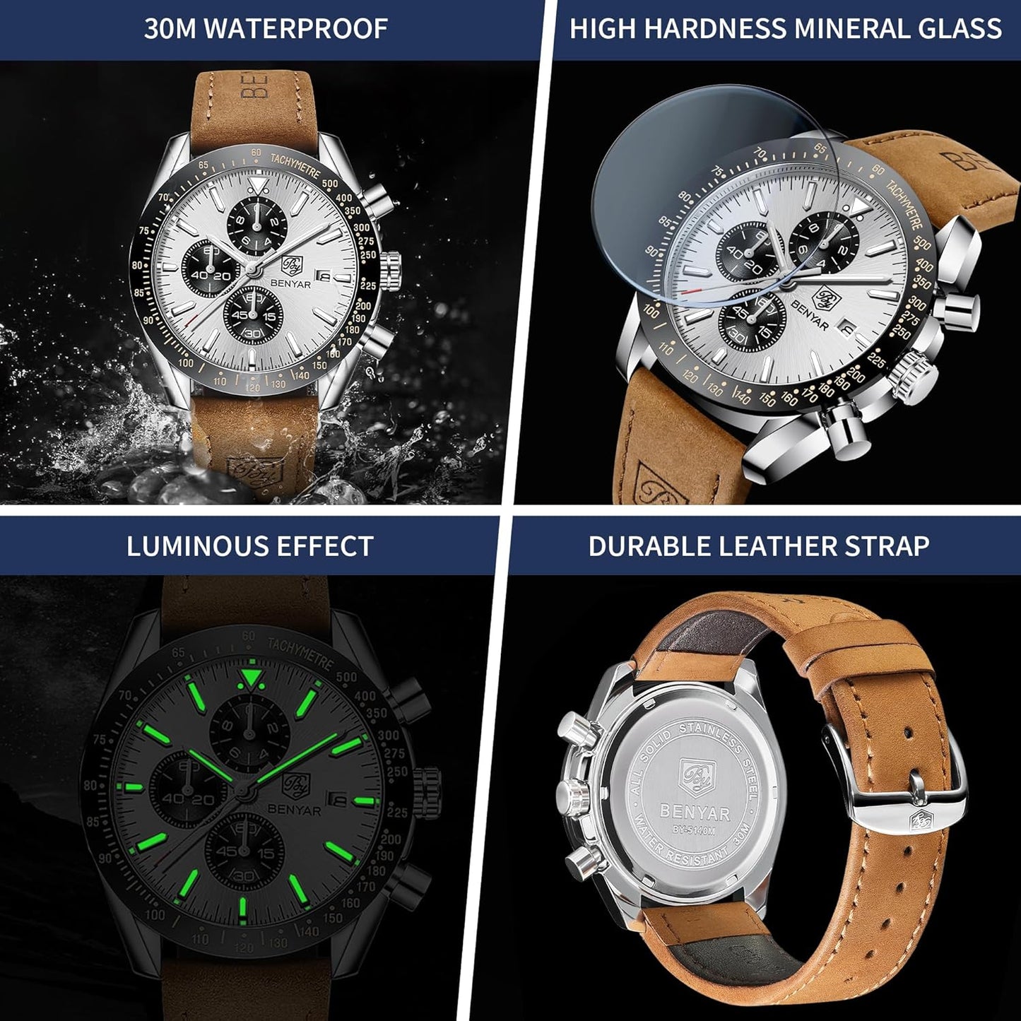 BY BENYAR Uhren für Herren Analog Quarz Chronograph 30M Wasserdicht Leuchtend Großes Zifferblatt Herren Armbanduhren Business Arbeit Sport Freizeit Mode Designer Uhr Elegantes Geschenk für Herren