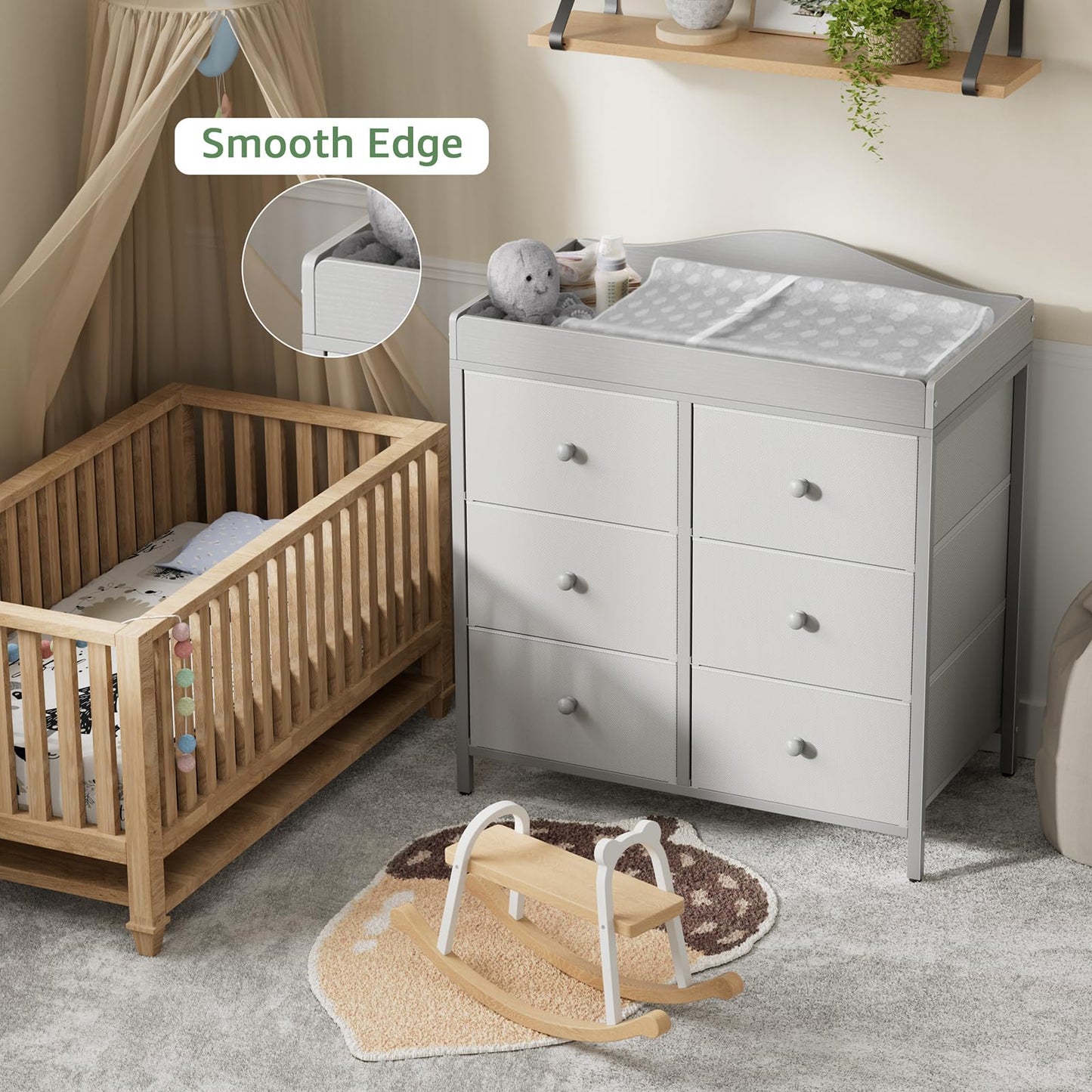 BOLUO White Changing Table Dresser with 6 Drawers Baby Dresser with Changing Table Top Diaper Changing Station with Storage for Nursery Modern