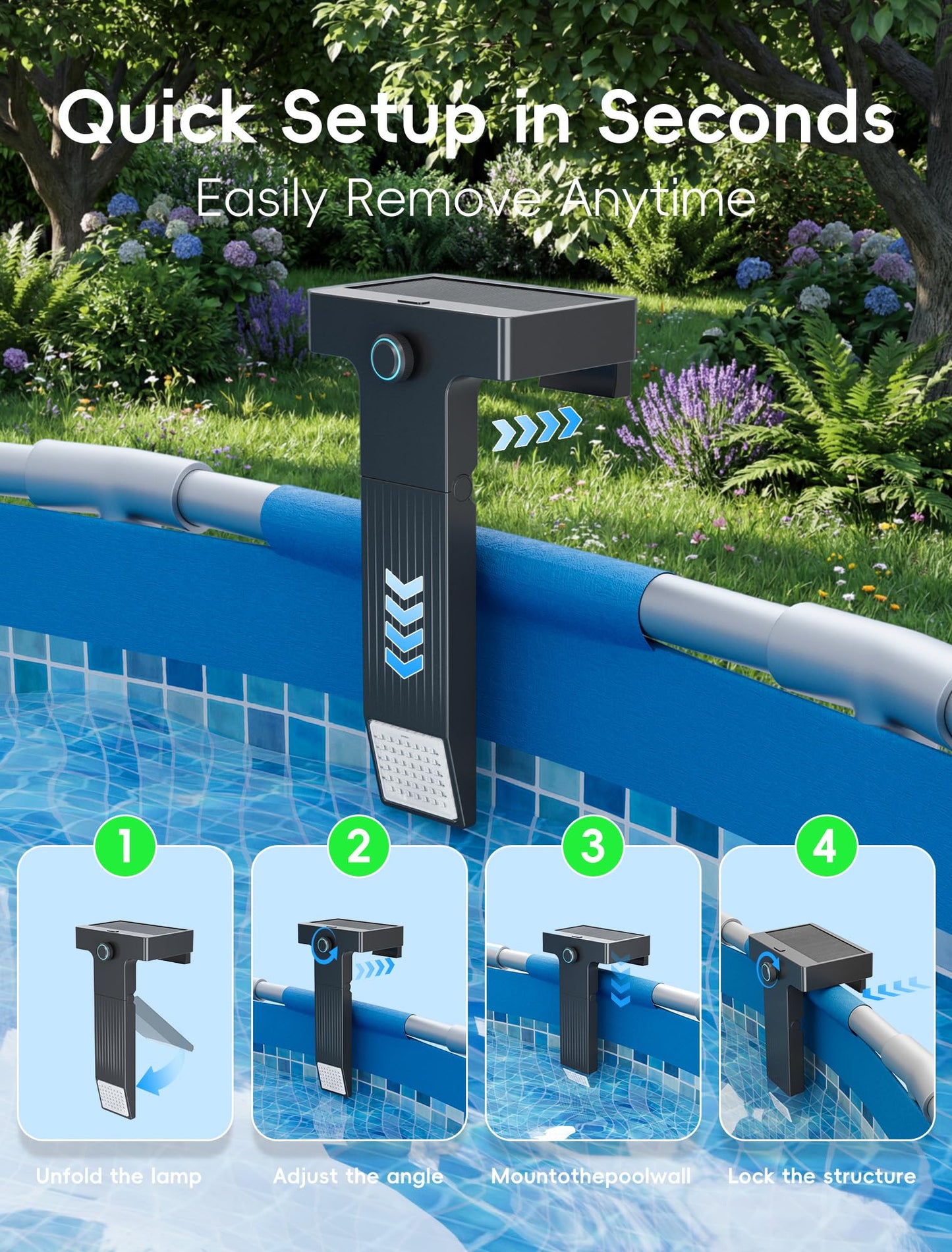 Solar Pool Lights Only for Metal Frame Above Ground Pools, 10-Color RGB 4-Mode LED Underwater Submersible Poolside Light with Auto Dusk Sensor, Waterproof Design, Remote & Timer Off, 1 Pack