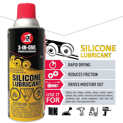 3-IN-ONE Professional Silicone Lubricant Spray, Aerosol 311g, Safe to use on Metal, Rubber, Wood and Vinyl. Lube Sliding Doors, Treadmills, Garage Doors, Rubber Seals and More | 1041 | Single Can