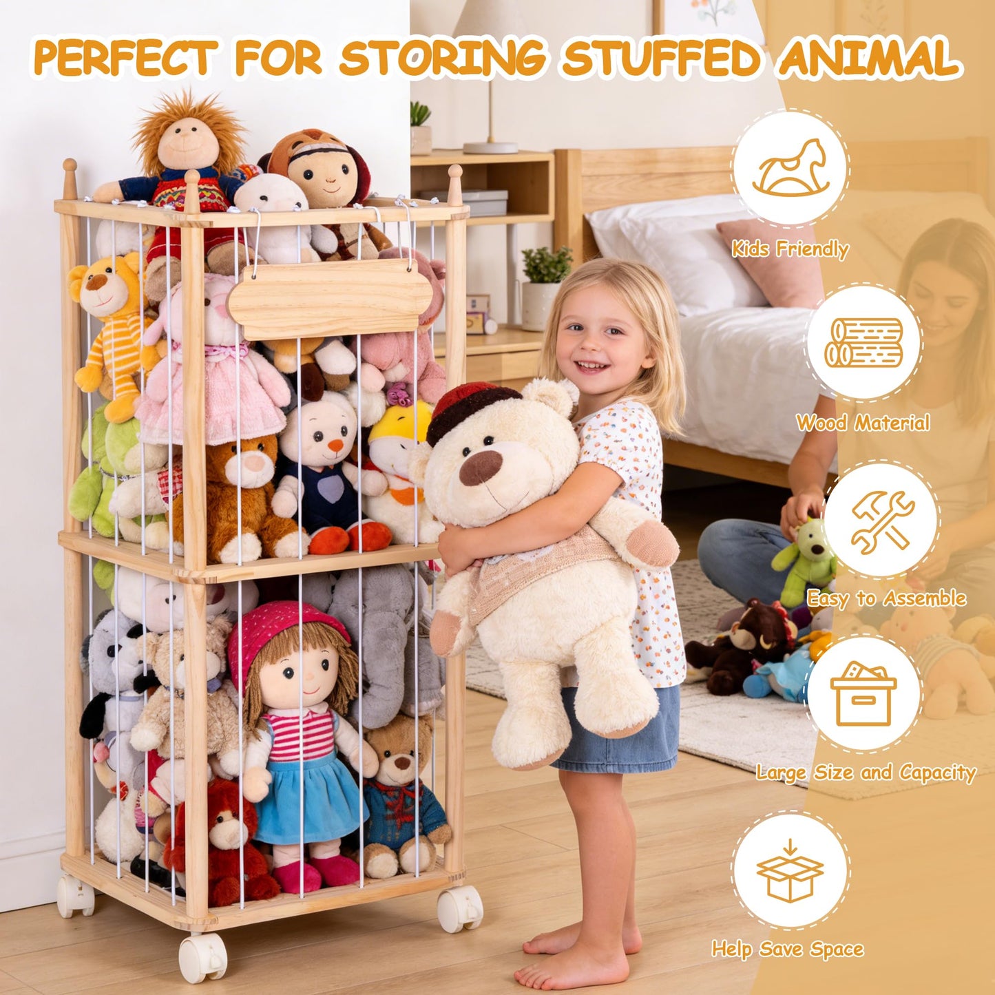 TANONE Stuffed Animal Storage - Wooden Large Organizer Holder for Playroom - Plush Zoo Animals Holder with Elastic Cords & Brake Wheel for Toddler Bedroom Toy Stuff Organization