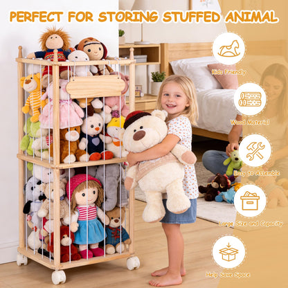 TANONE Stuffed Animal Storage - Wooden Large Organizer Holder for Playroom - Plush Zoo Animals Holder with Elastic Cords & Brake Wheel for Toddler Bedroom Toy Stuff Organization