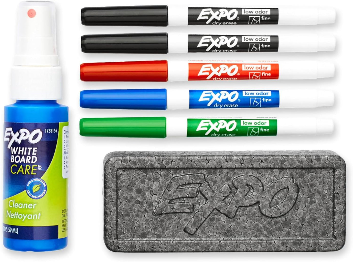 EXPO Whiteboard-Marker-Set, Keilspitze, verschiedene Farben, Radiergummi, Sprühreiniger, 6 Stück