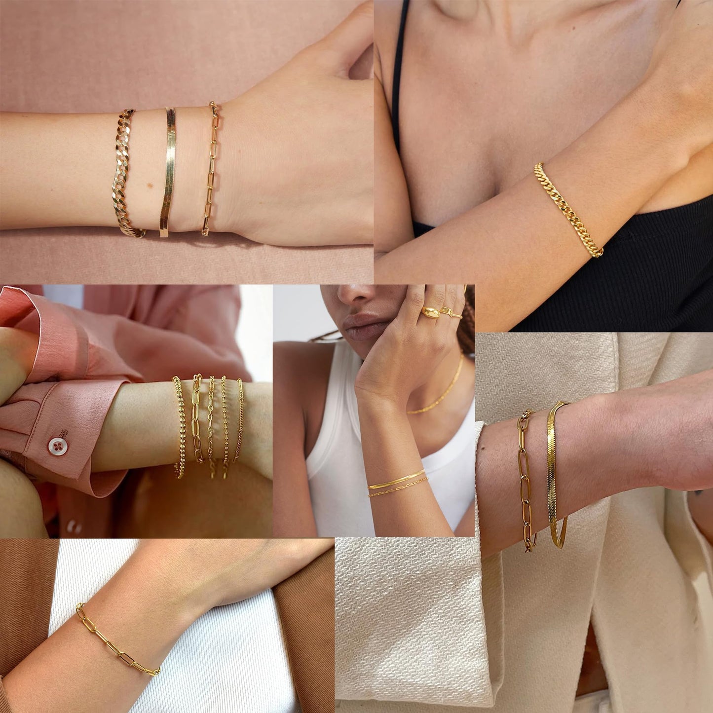 Goldarmbänder für Frauen Stapel Nicht Anlaufen, 14K Vergoldete Stapelbare Armbänder Set für Frauen Trendy, Wasserdicht Einfacher Schmuck Sets Geschenke Inklusive Perlen-/Kuban-/Büroklammer-/Fischgräten-/Seilglieder-Kette, Modeaccessoires