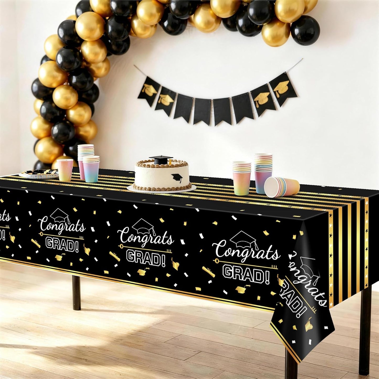 Childom 3 Pack Graduation Tablecloth,Graduation Decorations Class of 2026 Graduation Party Decorations,54"x108" Black and Gold Plastic Table Cloth Disposable Rectangle for Home,School,Party Supplies
