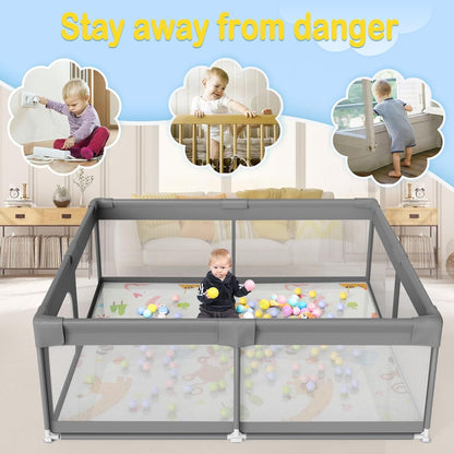 Palopalo Baby Laufgitter, 180x150cm Extra Großer Laufstall für Babys und Kleinkinder, Baby-Aktivitätszentrum mit 8 Saugnapfbasen, Baby-Laufstall mit Tür und weichem, atmungsaktivem Netz, Ohne Matte