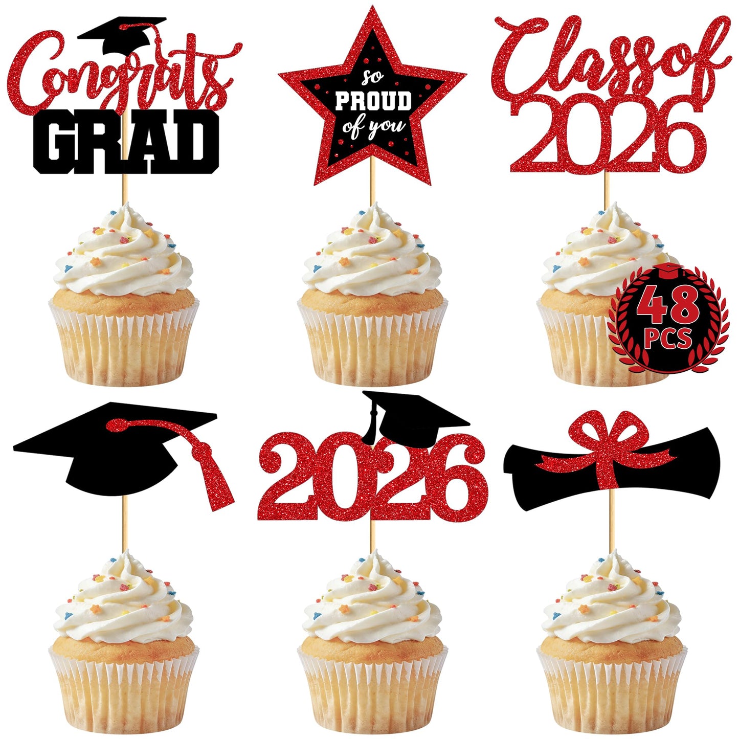 48 PCS Graduation Cupcake Toppers, 6 Styles Congrats Grad Cake Topper, Black and Gold Graduation Decorations 2026, Glittery Cap and Diploma Cake Picks for Grad Party Decor Supplies
