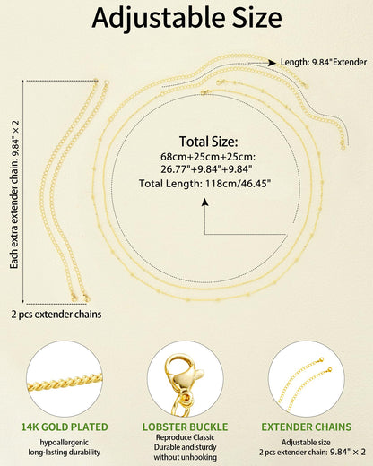 Gold Body Chain for Waist 2Pcs 14K Gold Plated Sexy Belly Chains for Women Beads Cuban Waist Chain Jewelry for Beach Accessories 26.77-52.36Inch