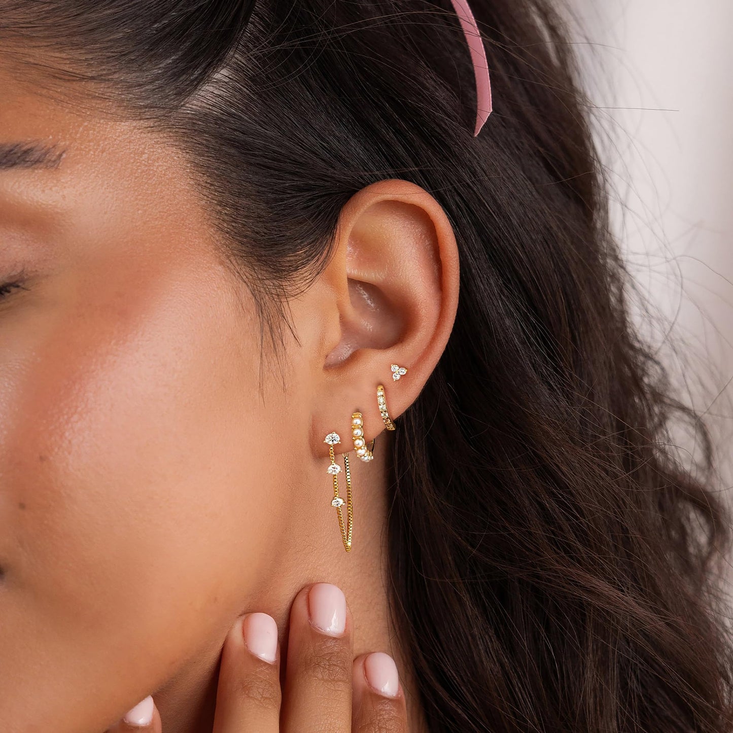 Gold Earrings For Women, Dainty Huggie Earrings Stack 14K Gold Plated Pearl Dangle Earrings for Women Trendy Cute Hypoallergenic Unique Gold Earring Stack Fashion Gold Jewelry Gifts