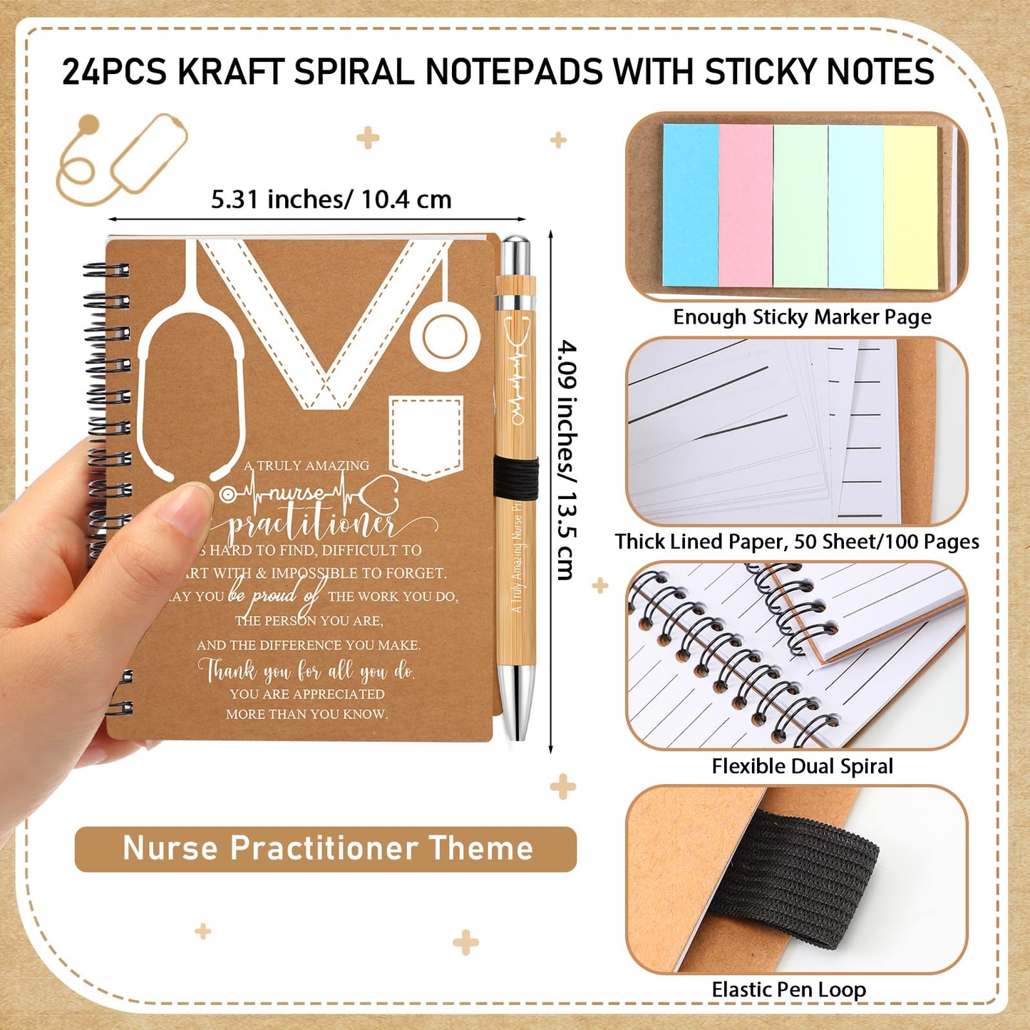 Jetec 48 Set 2026 CNA Week Gifts Bulk Nurse Appreciation Gift Set Small Inspirational Kraft Spiral Nursing Notebooks with Sticky Notes Pens for Healthcare Medical Hospital Coworker Staff Office