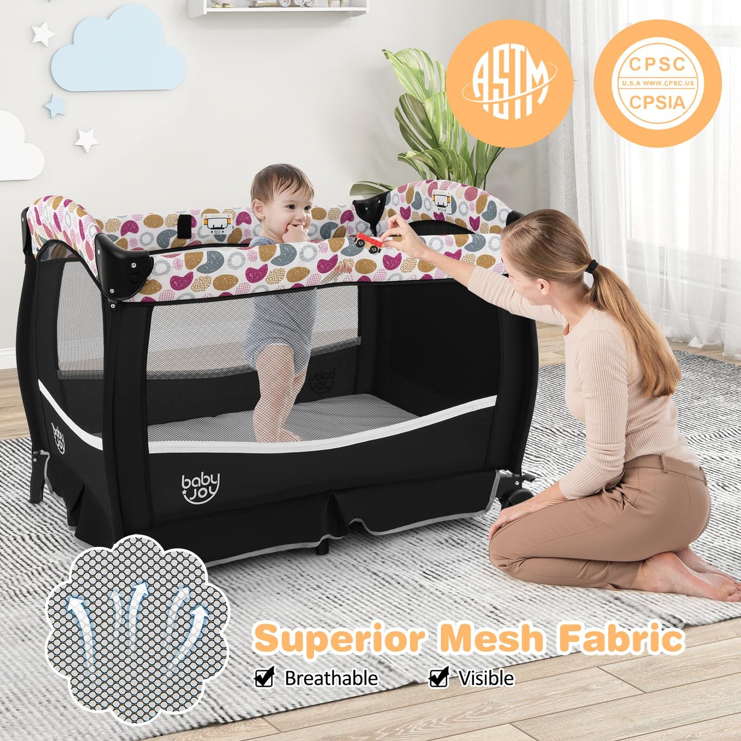 BABY JOY 4 in 1 Pack and Play, Portable Baby Playard with Bassinet & Flip-Away Changing Table, Canopy, Portable Bedside Crib with Storage Basket, Oxford Bag, Infant Bassinet from Newborn to Toddlers