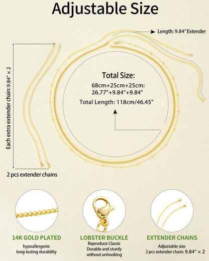 Gold Body Chain for Waist 2Pcs 14K Gold Plated Sexy Belly Chains for Women Beads Cuban Waist Chain Jewelry for Beach Accessories 26.77-52.36Inch