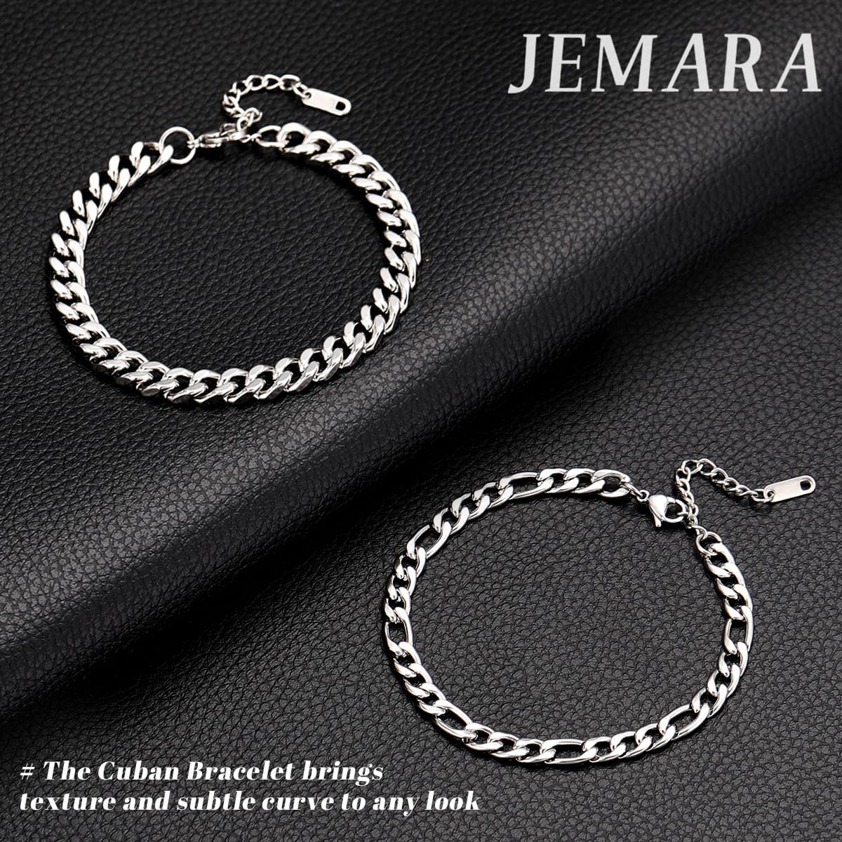 3 Stück Herren Silber Armbänder, robustes Curb Edelstahl Breite Schlangenkette Figaro Cuban Armband Set 7/7.8+1.2 Zoll verstellbares Stapel-Silberkettenarmband für Männer