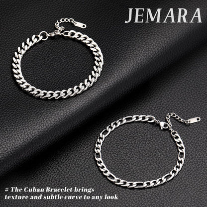 3 Stück Herren Silber Armbänder, robustes Curb Edelstahl Breite Schlangenkette Figaro Cuban Armband Set 7/7.8+1.2 Zoll verstellbares Stapel-Silberkettenarmband für Männer