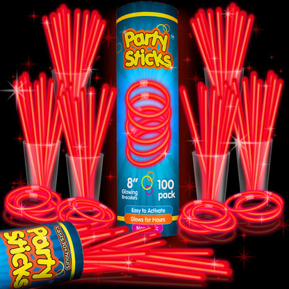 PartySticks Glow Sticks Party Supplies 100pk - 8 Inch Glow in the Dark Light Up Sticks Party Favors, Glow Party Decorations, Neon Party Glow Necklaces and Glow Bracelets with Connectors