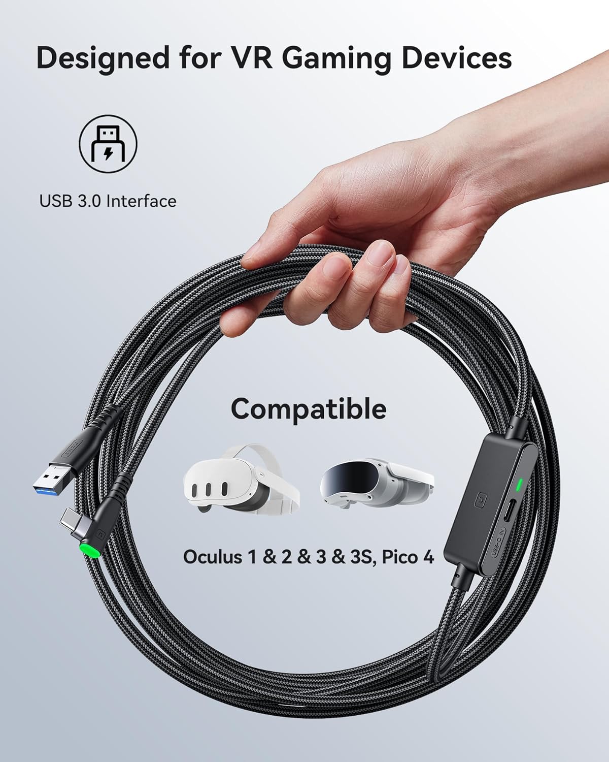 INIU VR Link Cable with Separate Charging Port, 16FT High Speed Data Transfer & Charging Cable, USB to USB C Charger Cord for Virtual Reality Headset, Meta Oculus Quest 3s 3 2 Pro, Pico 4 Steam PC VR