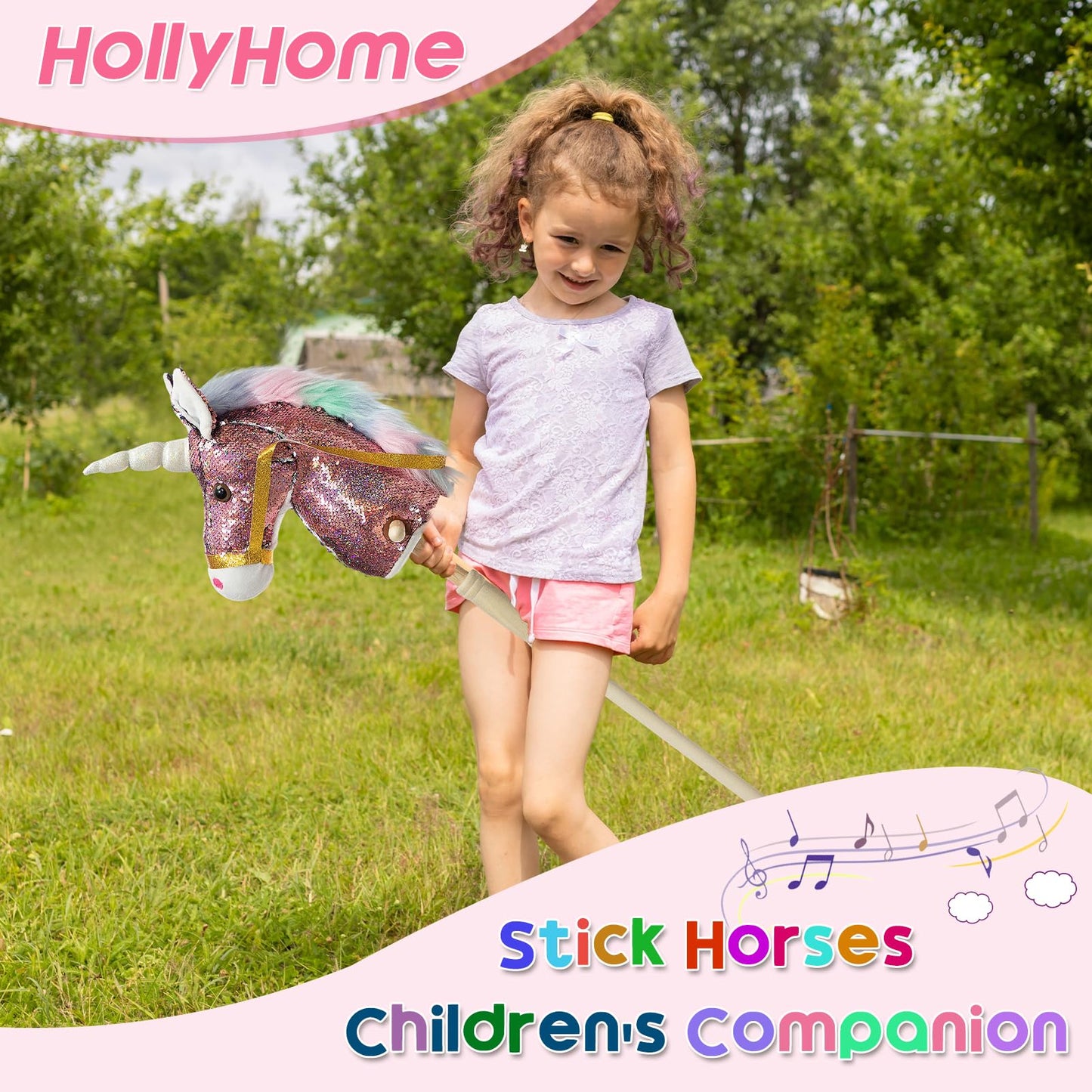 HollyHOME Plüsch Einhorn Steckenpferd mit Holzrädern Echten Pony Wiehern und Galoppieren Geräuschen Plüschtier Rosa 94 cm (AA Batterien Benötigt)